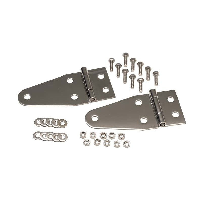 Pair of polished silver Kentrol replacement hood hinges for 1955-1995 Jeep CJ and Wrangler YJ