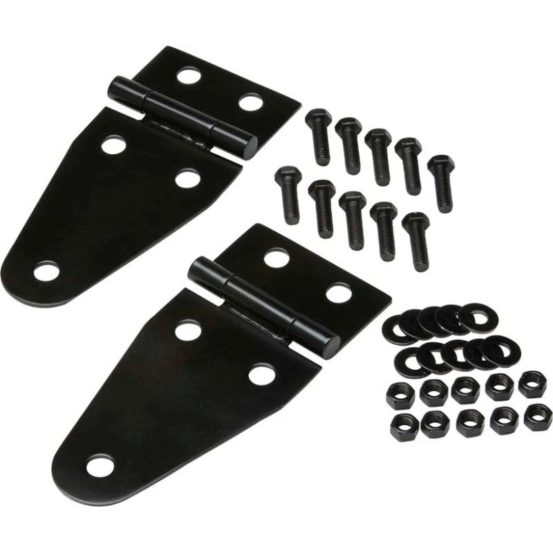 Pair of black powdercoated hood hinges for 1955-1995 Jeep CJ and Wrangler YJ.