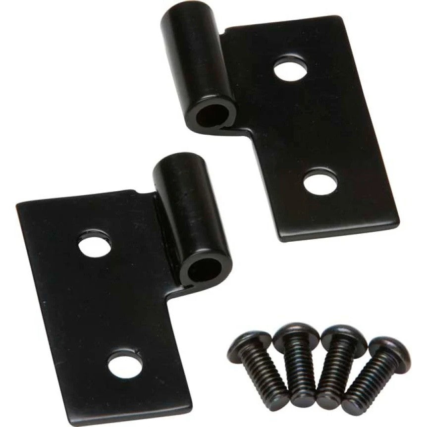 A pair of black powdercoated Kentrol lower door hinges for 1976-2006 Jeep CJ and Wrangler models.