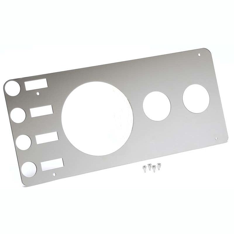 Polished silver dash gauge cover for 1976-1986 Jeep CJ without a radio opening.