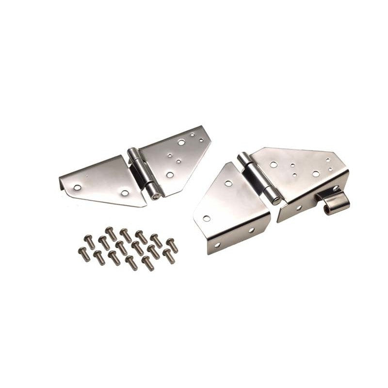 Pair of polished silver replacement windshield hinges for 1976-1995 Jeep CJ and Wrangler YJ.