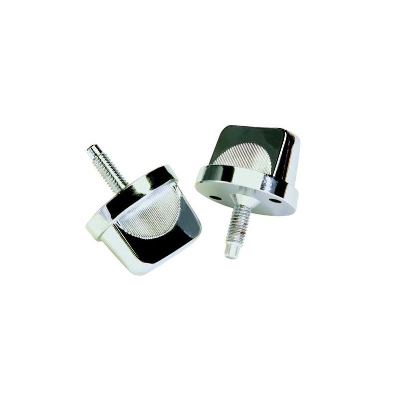 A pair of polished silver windshield knobs for 1976-1995 Jeep CJ and Wrangler YJ