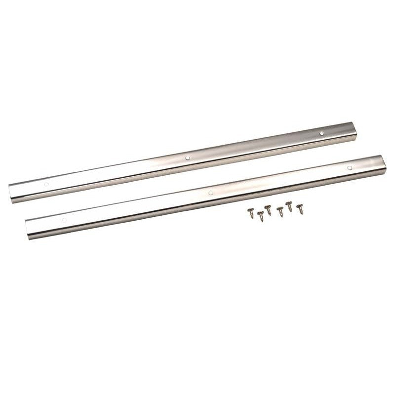 Pair of polished silver metal door sill entry guards for 1976-1995 Jeep CJ7 and Wrangler YJ.