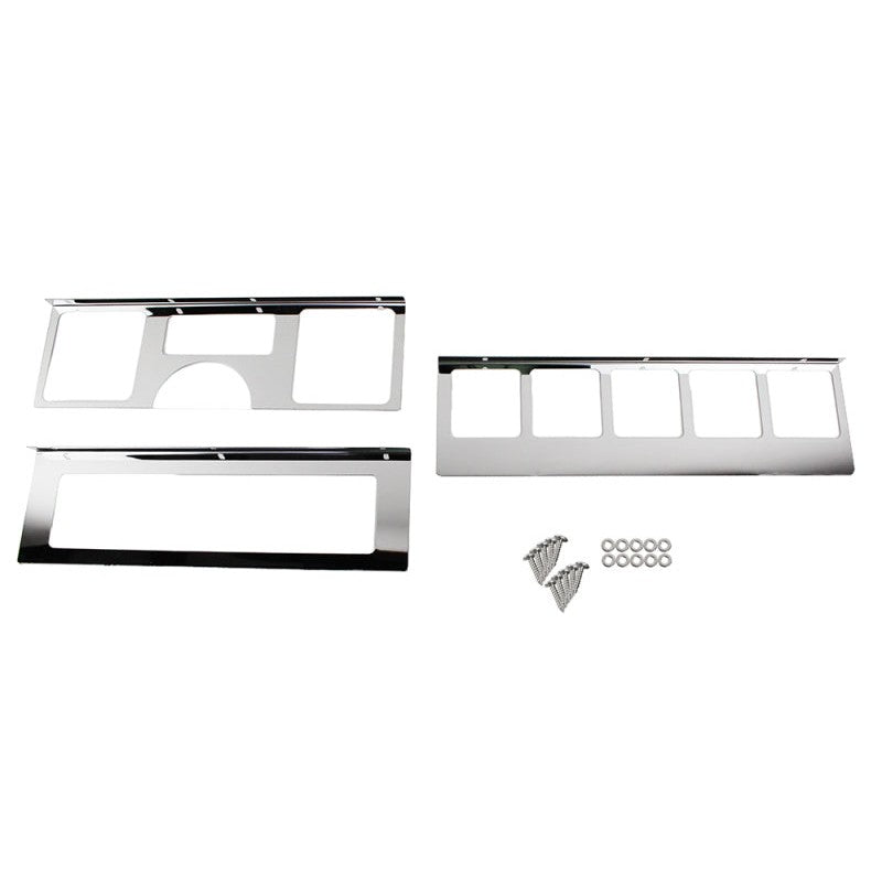 Three-piece polished silver stainless steel dash overlay panels for 1987-1995 Jeep Wrangler YJ.