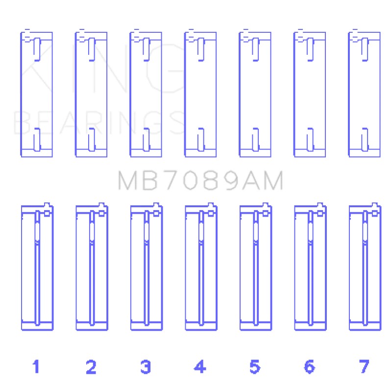 Seven-piece King Engine Bearings MB7089AM standard size crankshaft main bearing set for Audi, Porsche, and VW engines.
