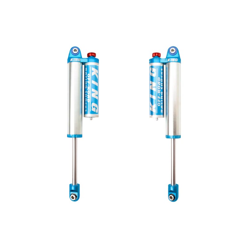 Pair of King Shocks 2.5 diameter rear adjustable shocks with blue anodized piggyback reservoirs for 2500/3500 HD trucks.