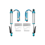 Pair of King Shocks 2.5 inch rear remote reservoir shocks with blue compression adjusters and braided hoses.