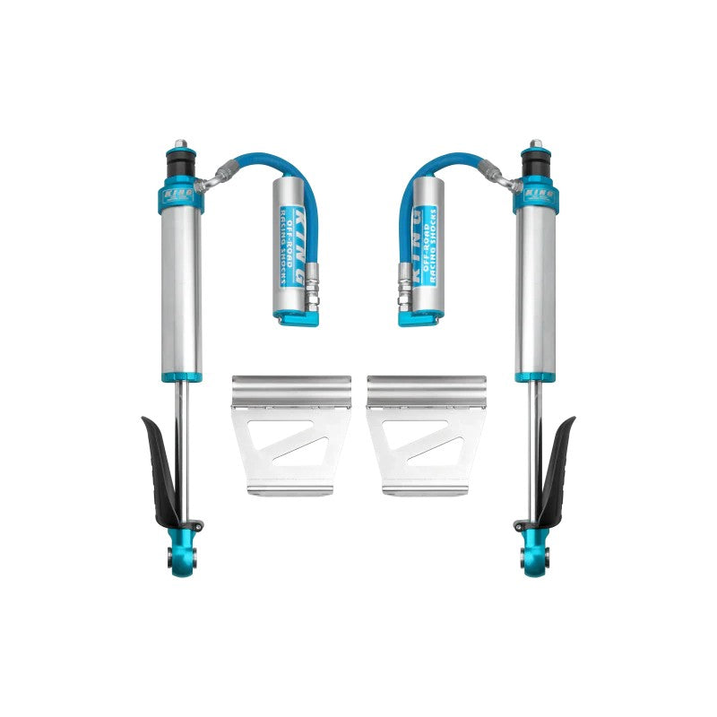Pair of King Shocks 2.5 OEM Performance rear remote reservoir shocks with blue anodized billet components.