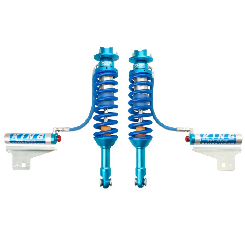 King Shocks 3.0 blue and silver front remote reservoir coilovers with compression adjusters for 2010-2014 Ford Raptor