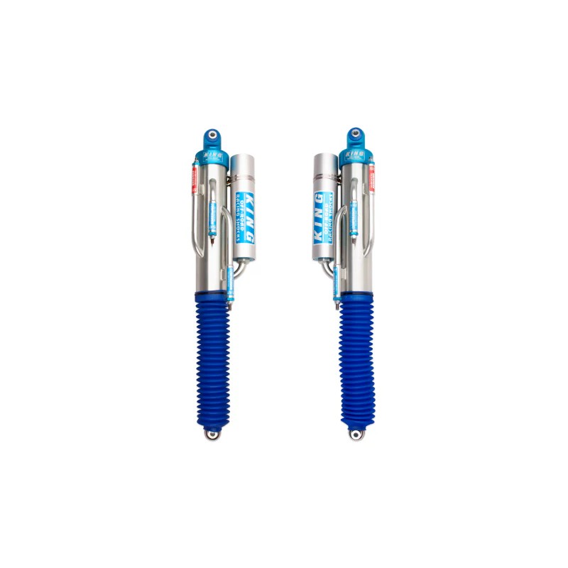 Pair of King Shocks 3.0 3-tube bypass rear shocks with piggyback reservoirs and blue anodized hardware.