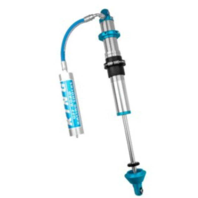 King Shocks 2.5 Performance Race 14 inch travel coilover shock with blue anodized caps and hose remote reservoir.