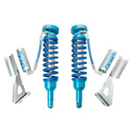 Pair of King Shocks 2.5 front remote reservoir coilovers with blue springs and silver bodies for 2005-2015 Toyota Tacoma