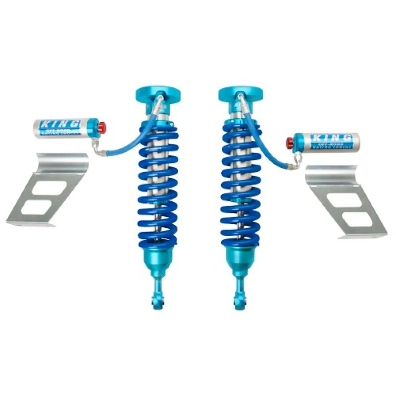 King Shocks 2.5 diameter front coilovers with remote reservoirs and blue compression adjusters for Toyota Tundra.