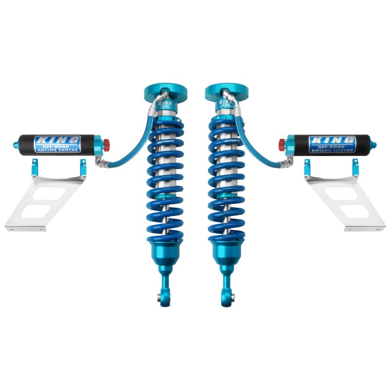 King Shocks 2.5 diameter front coilovers with remote reservoirs and compression adjusters for Toyota Tundra and Sequoia.