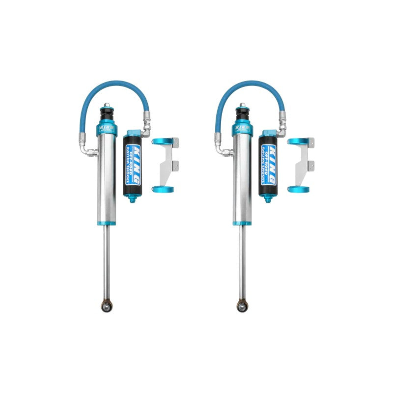 King Shocks 2.5 inch diameter rear remote reservoir shocks with blue anodized billet hardware for 2007-2017 Toyota Tundra.
