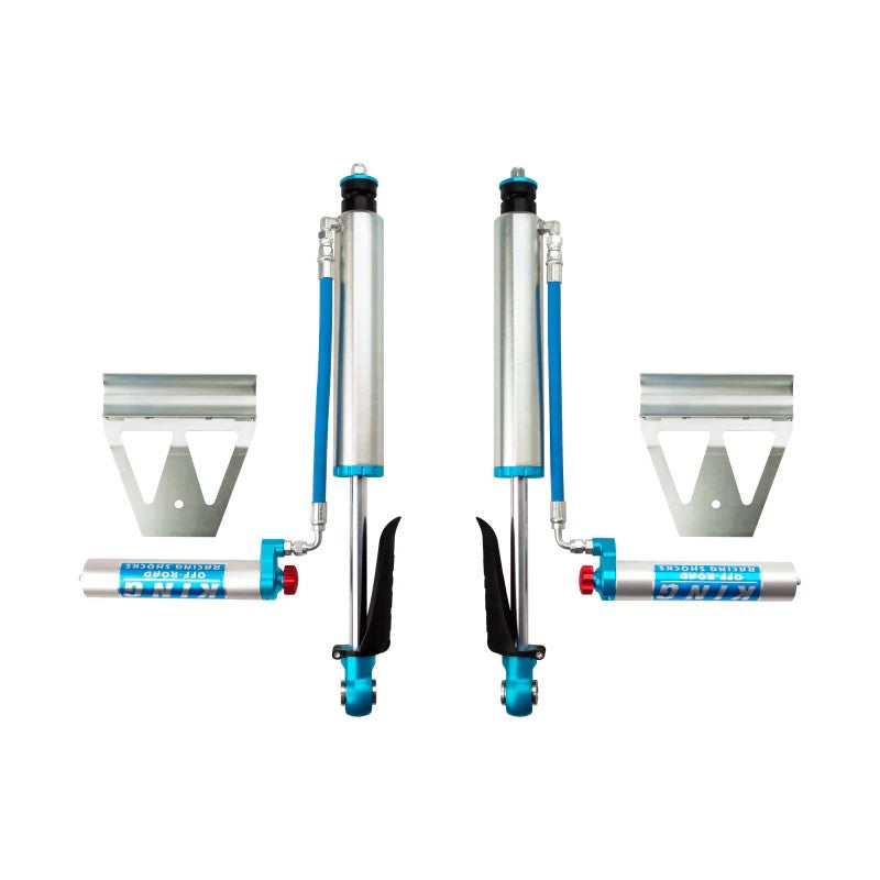 Pair of King Shocks 2.5-inch diameter rear remote reservoir shocks with compression adjusters for Toyota Land Cruiser