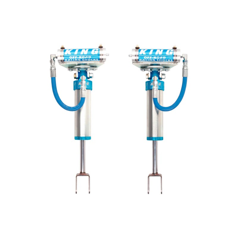 Pair of King Shocks 2.5 inch diameter front shocks with blue anodized components and external remote reservoirs.