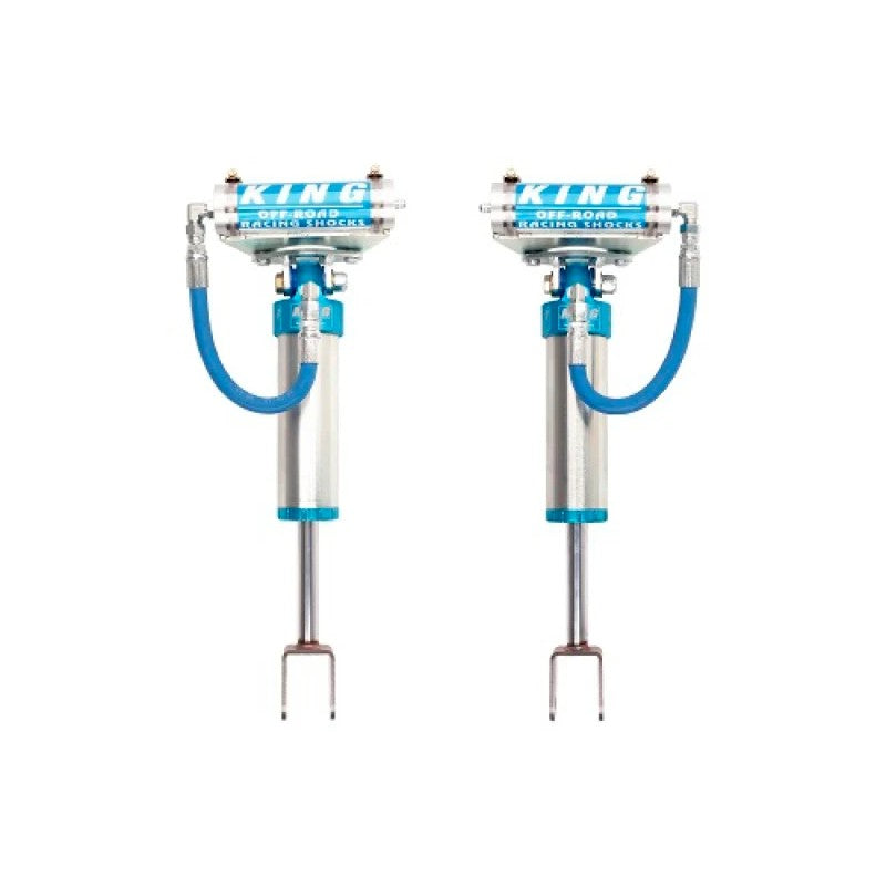 King Shocks 2.5-inch front remote reservoir shock pair with blue anodized components for 2011-2025 Silverado/Sierra HD.