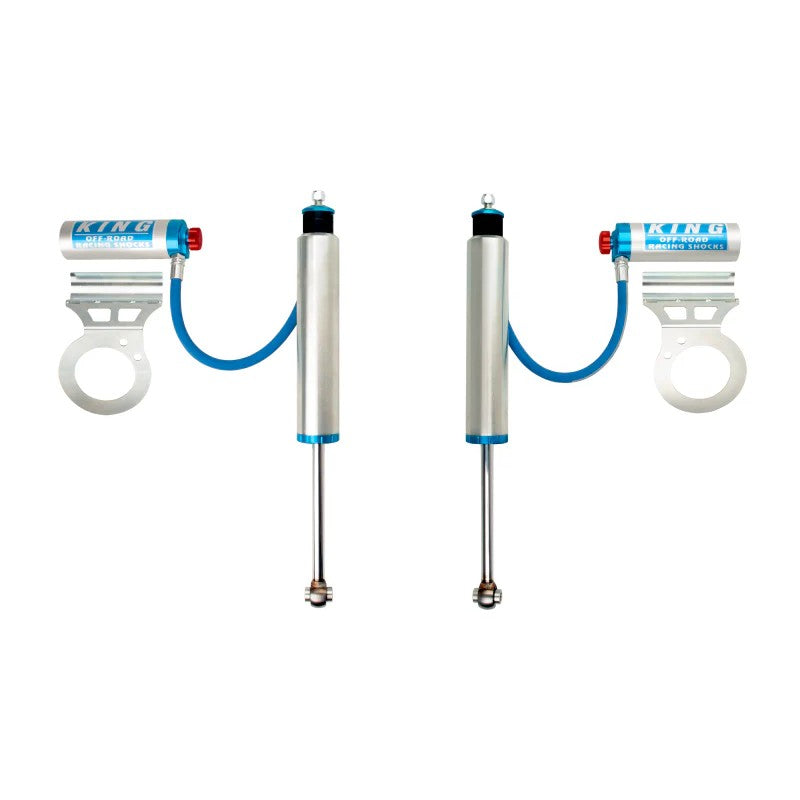 King Shocks 2.5-inch diameter front shocks with piggyback hose reservoirs and adjusters for 2014-2025 Ram 2500 and 3500.