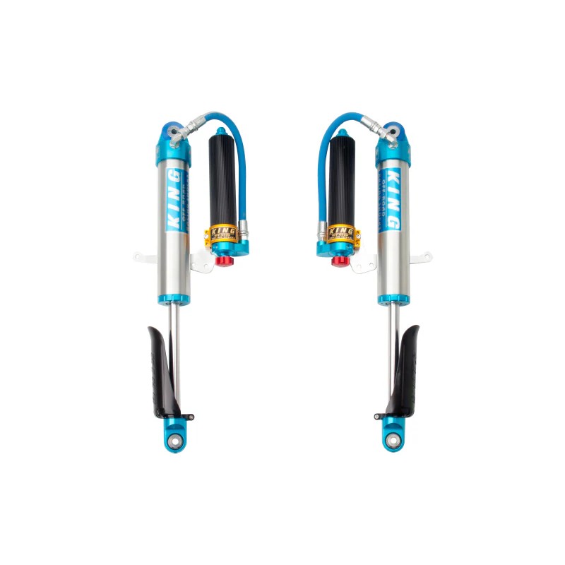 Pair of King Shocks 2.5 front remote reservoir shocks with blue anodized components and compression adjusters.