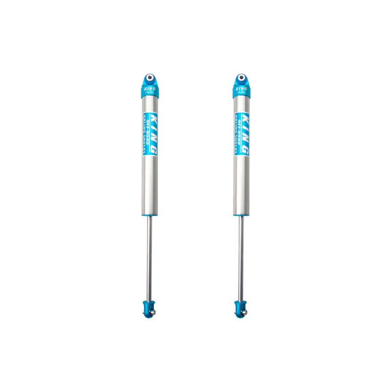 King Shocks 2.0 Series rear internal reservoir shock with blue anodized caps and silver cadmium plated body