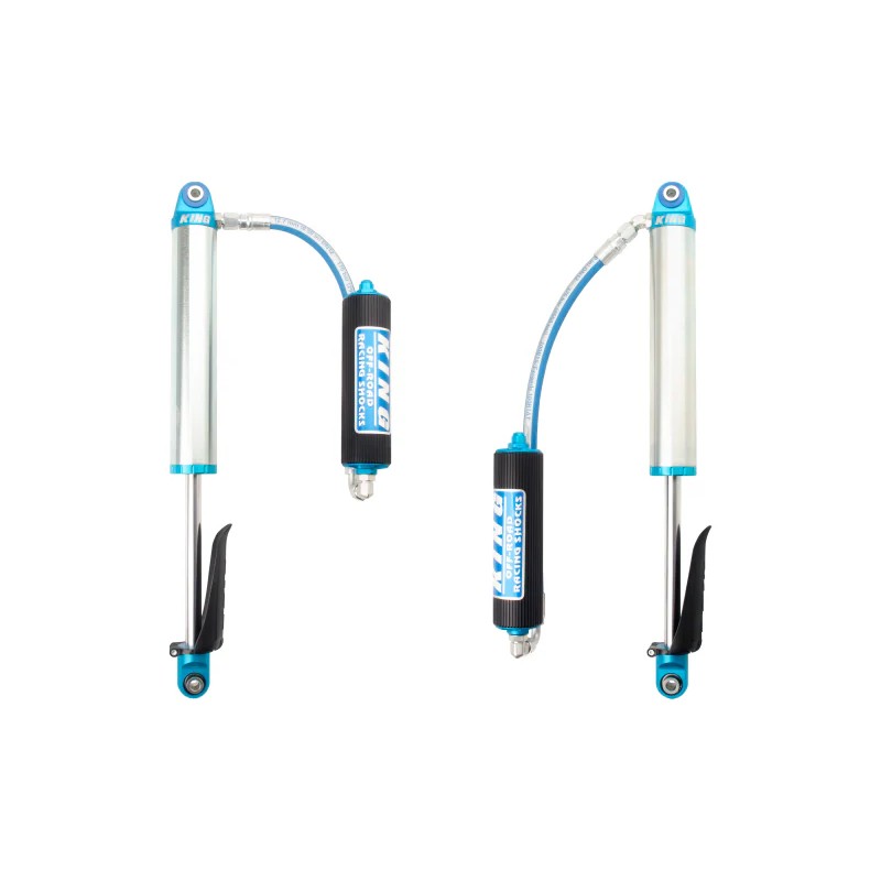 Pair of King Shocks 2.5-inch diameter rear shocks with blue anodized components and remote reservoirs with braided hoses.