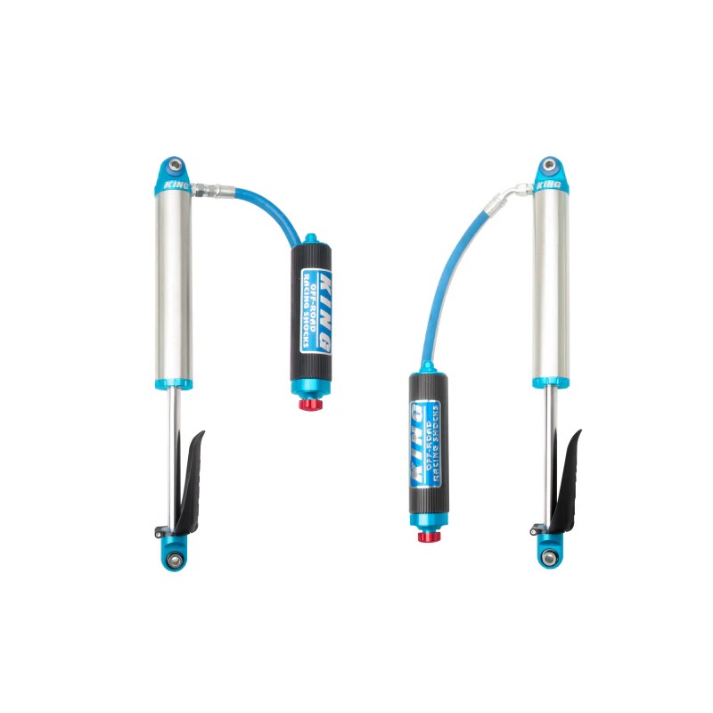 King Shocks 2.5-inch diameter rear remote reservoir shocks with blue compression adjusters for 2019-2025 GM trucks.