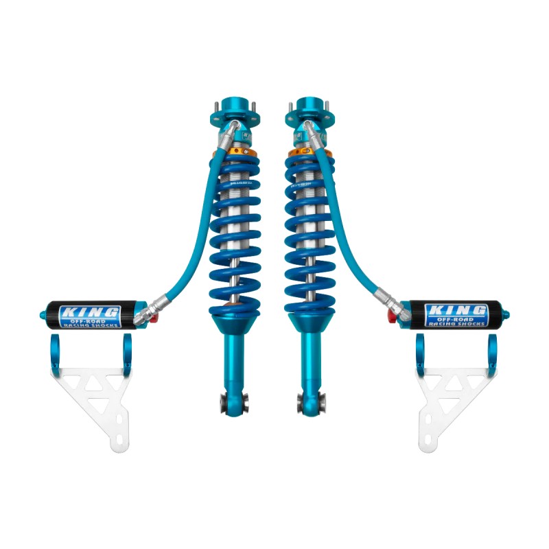 King Shocks 2.5 IBP front coilovers with blue remote reservoirs and compression adjusters for 2019+ Ford Ranger Raptor