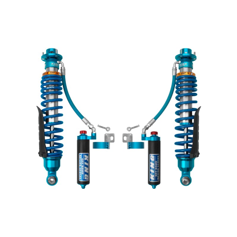 King Shocks 2.5 IBP series rear coilovers with remote reservoirs and compression adjusters for Ford Ranger Raptor.