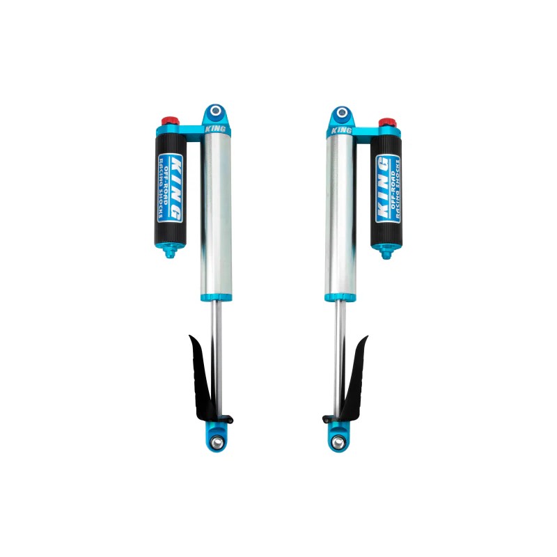Blue and silver King Shocks 2.5 inch diameter rear piggyback reservoir adjustable shocks for 2020-2025 Jeep Gladiator.