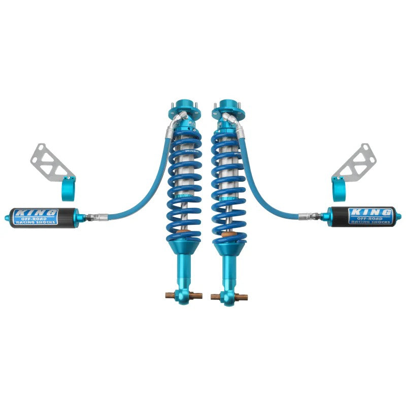 Blue and silver King Shocks 2.5 front remote reservoir shocks for 2021-2025 Ford Bronco models.