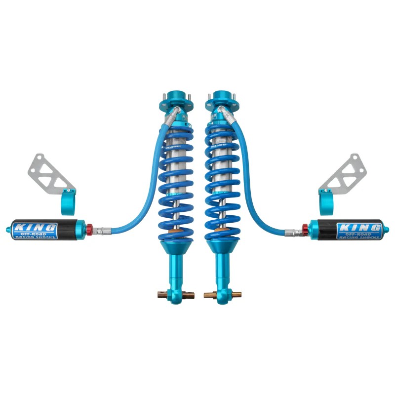 Pair of blue King Shocks 2.5 series front remote reservoir shocks with compression adjusters for 2021-2025 Ford Bronco.