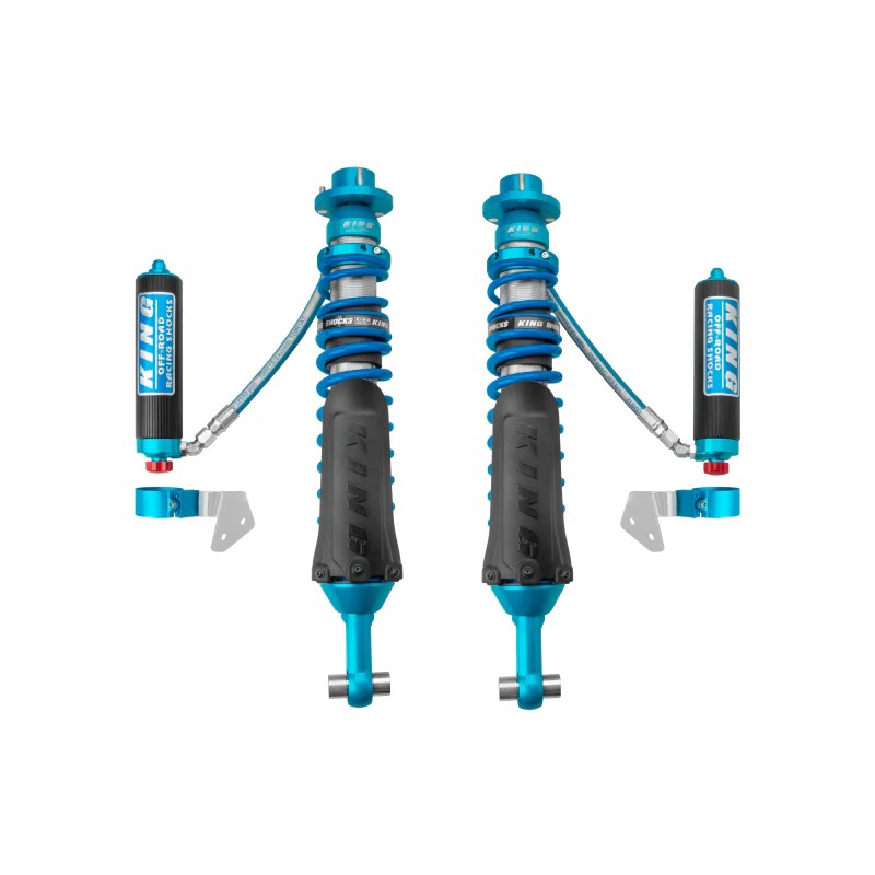 King Shocks blue 2.5-inch diameter remote reservoir rear shocks with compression adjusters for 2021-2025 Ford Bronco.