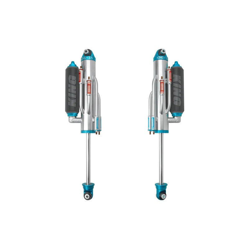 Pair of King Shocks blue and silver 3.5-inch 4-tube bypass rear shocks with finned external reservoirs.