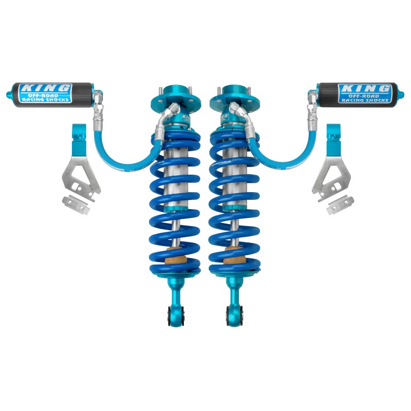 King Shocks 2.5 diameter front remote reservoir coilovers with blue coil springs for 2022-2025 Toyota Tundra.