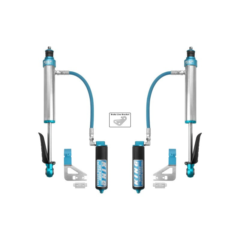 King Shocks 2.5-inch diameter rear remote reservoir shocks with blue anodized components for 2022-2025 Toyota Tundra.