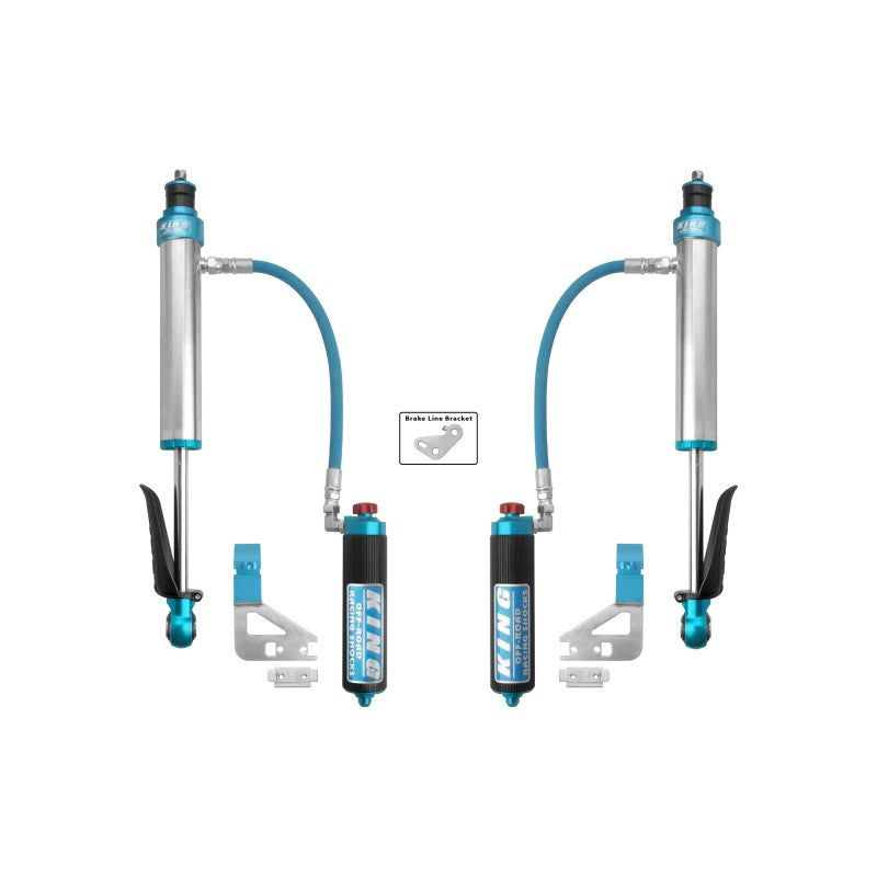 Pair of King Shocks 2.5 inch diameter rear remote reservoir shocks with blue anodized compression adjusters and hoses.