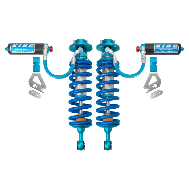 King Shocks 2.5 diameter front coilovers with remote reservoirs and blue anodized adjusters for 2023-2025 Toyota Sequoia.