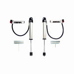 Pair of King Shocks 2.5-inch front remote reservoir shocks with blue anodized hardware and compression adjusters.