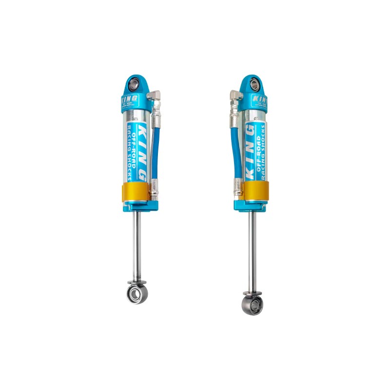 King Shocks 2.5 inch rear shocks with piggyback hose reservoirs and blue anodized hardware for 1996-2004 Toyota Tacoma
