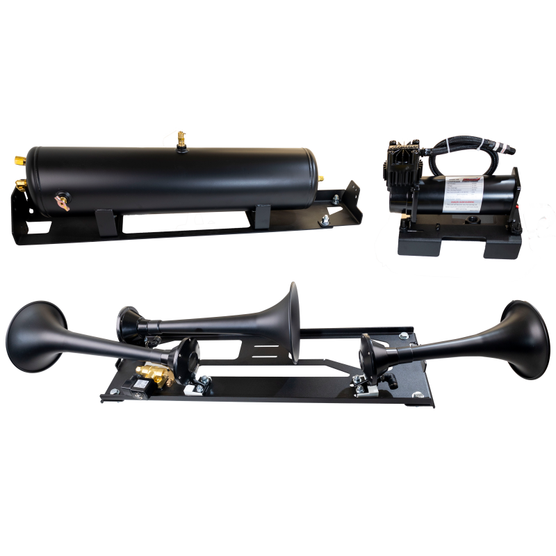 Kleinn FSD23-734 onboard air system with triple black Demon horns and 6450RC compressor for Ford F-250/F-350