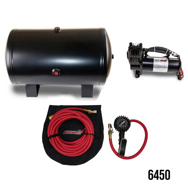 Kleinn 6450 onboard air system featuring a 5-gallon steel tank, 6450RC waterproof compressor, and tire inflation kit.
