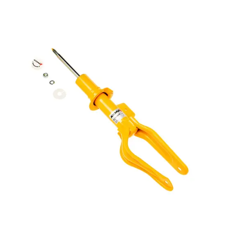 Yellow Koni Sport series adjustable shock absorber for the front right side of Tesla Model 3 and Model Y