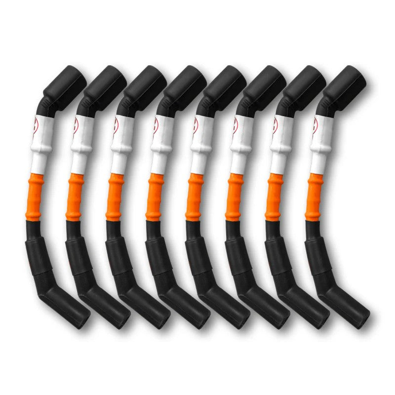 Kooks 8-piece set of 10mm orange spark plug wires with black boots.