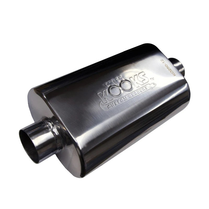 Kooks T304 stainless steel universal oval muffler with 2.5 inch center inlet and center outlet