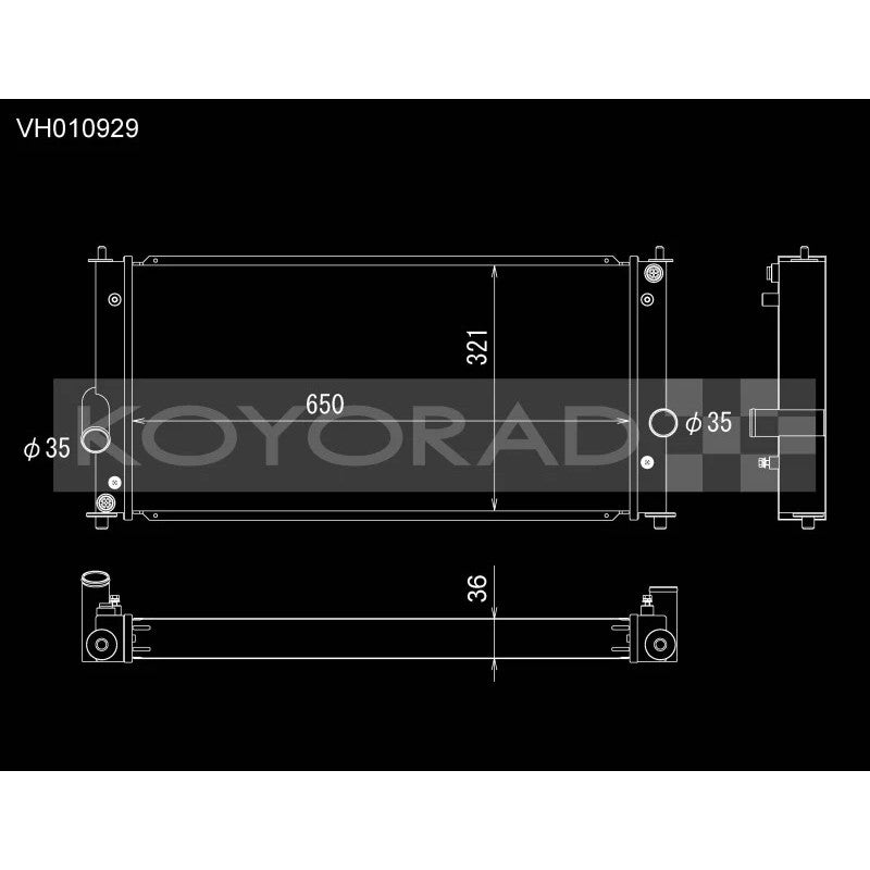 Koyo VH010929 all-aluminum performance radiator for 2000-2005 Toyota MR2 Spyder with manual transmission.