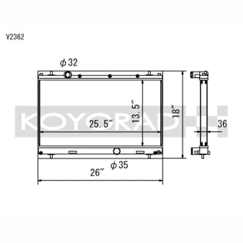 Koyo V2362 replacement radiator for 2003-2005 Dodge Neon SRT-4 with 2.4L Turbo engine.