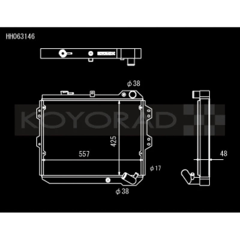 Koyo performance aluminum radiator for 1983-1985 Mazda RX-7 FB chassis with manual transmission.