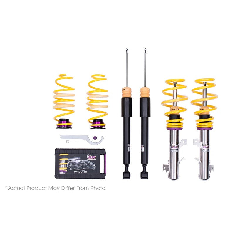 KW V1 Inox-Line stainless steel coilover kit with purple springs and yellow bump stops for Tesla Model 3 and Model Y AWD.