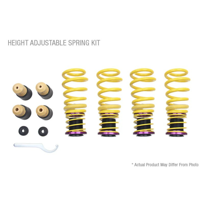 KW H.A.S. height adjustable spring kit featuring yellow coil springs and purple threaded adjusters for Mercedes-AMG GT.